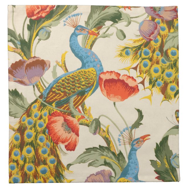 Vintage Peacock and poppies illustrations Cloth Napkin (Front)