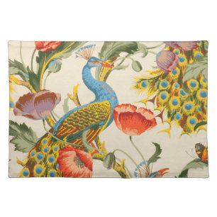 Vintage Peacock and poppies illustrations Cloth Placemat