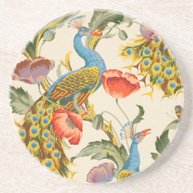 Vintage Peacock and poppies illustrations Coaster (Front)