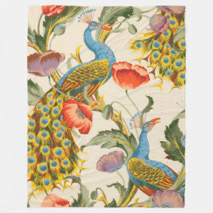 Vintage Peacock and poppies illustrations Fleece Blanket