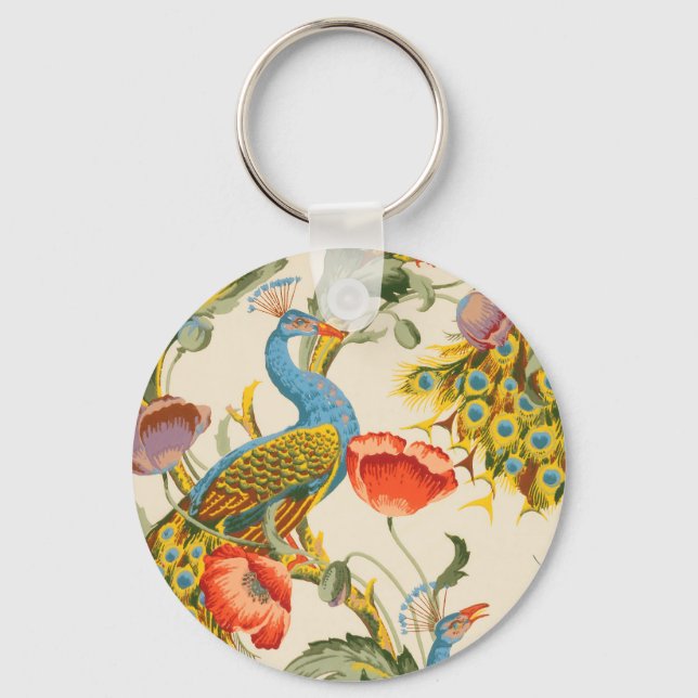 Vintage Peacock and poppies illustrations Keychain (Front)