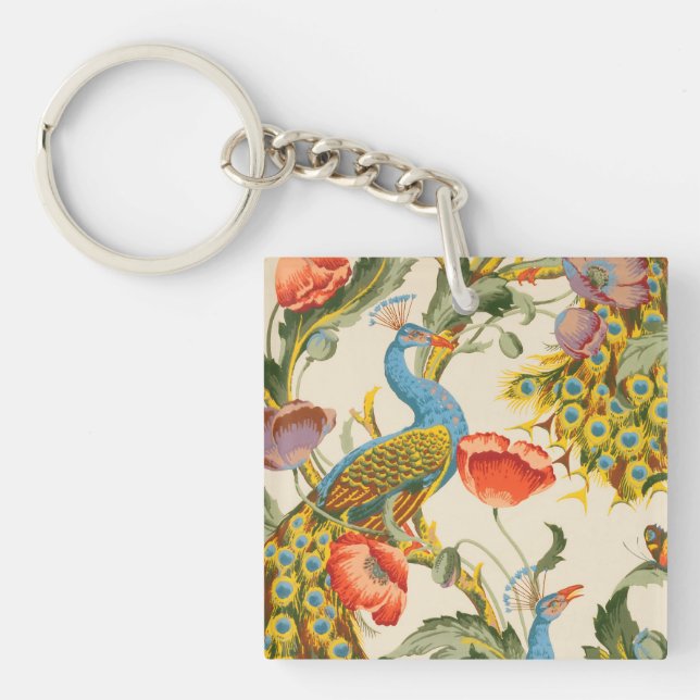 Vintage Peacock and poppies illustrations Keychain (Front)