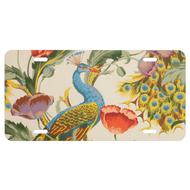 Vintage Peacock and poppies illustrations License Plate (Front)
