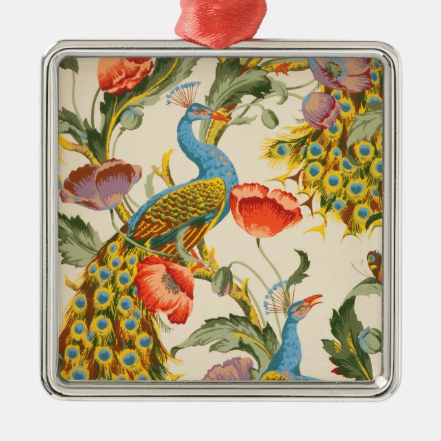 Vintage Peacock and poppies illustrations Metal Ornament (Front)