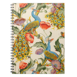 Vintage Peacock and poppies illustrations Notebook