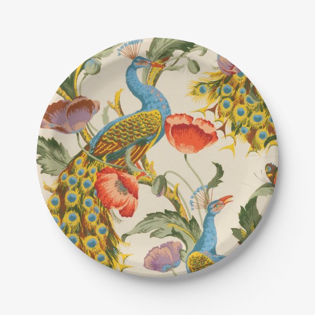 Vintage Peacock and poppies illustrations Paper Plates (Front)