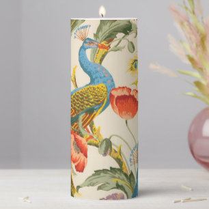 Vintage Peacock and poppies illustrations Pillar Candle