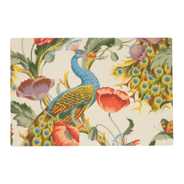 Vintage Peacock and poppies illustrations Placemat (Front)