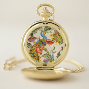 Vintage Peacock and poppies illustrations Pocket Watch