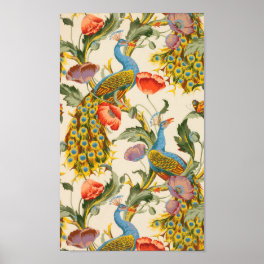 Vintage Peacock and poppies illustrations Poster