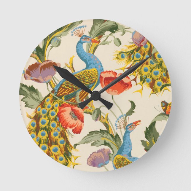 Vintage Peacock and poppies illustrations Round Clock (Front)