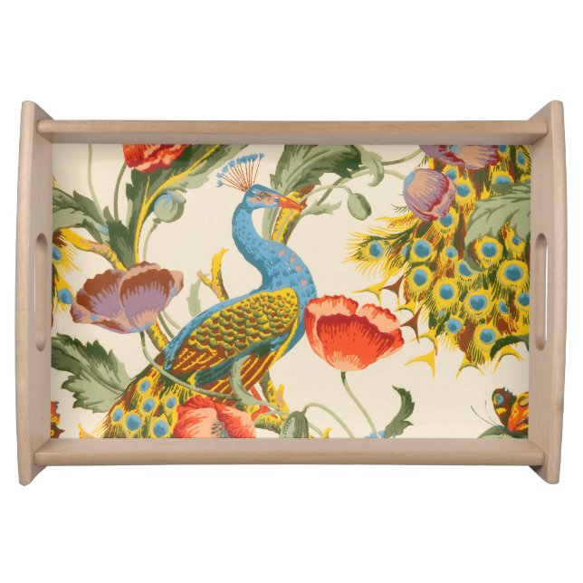 Vintage Peacock and poppies illustrations Serving Tray (Front)