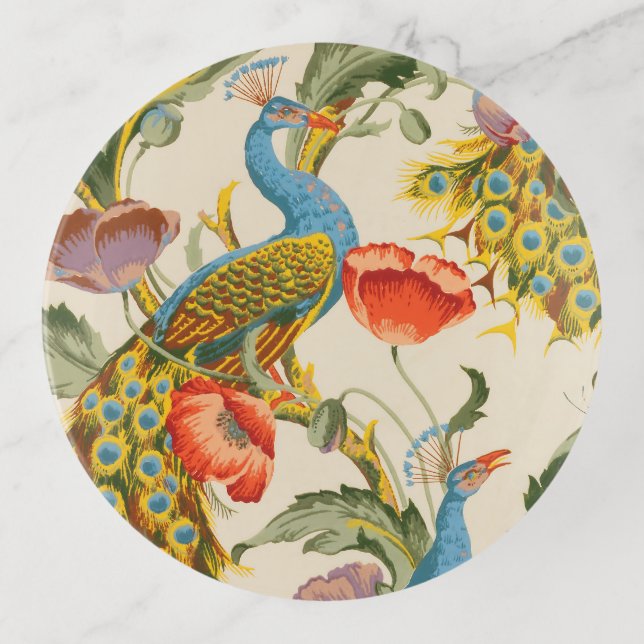 Vintage Peacock and poppies illustrations Trinket Tray (Front)