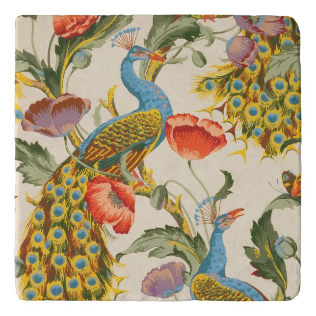 Vintage Peacock and poppies illustrations Trivet (Front)