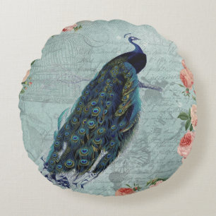Vintage Peacock and Roses Illustration Round Pillow