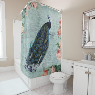 Vintage Peacock and Roses Illustration Shower Curtain
