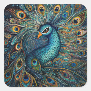 Vintage Peacock Art Nouveau Square Sticker