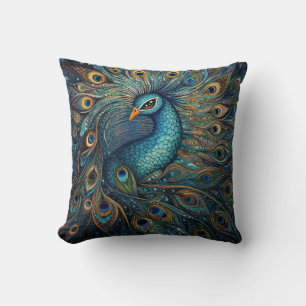 Vintage Peacock Art Nouveau Throw Pillow