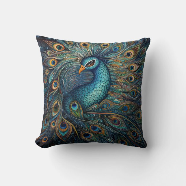 Vintage Peacock Art Nouveau Throw Pillow (Front)