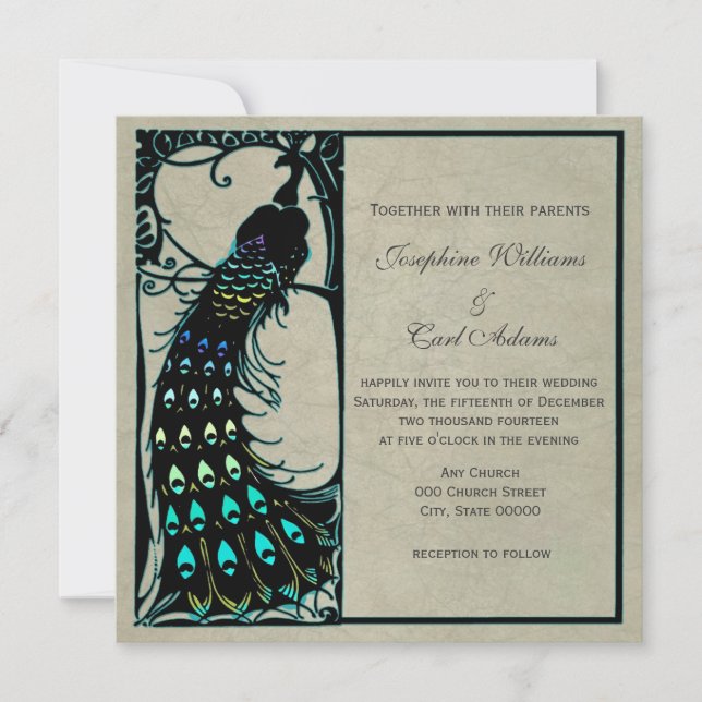 Vintage Peacock Art Nouveau Wedding Invites (Front)