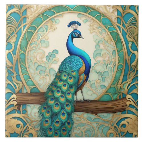 Vintage Peacock Bird Art Nouveau Art Deco Ceramic Tile