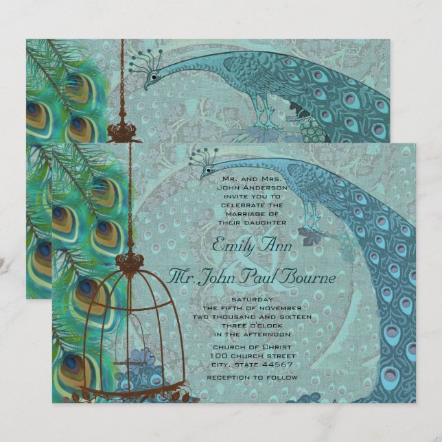 Vintage Peacock Bird Cage Feather Wedding Invite (Front/Back)