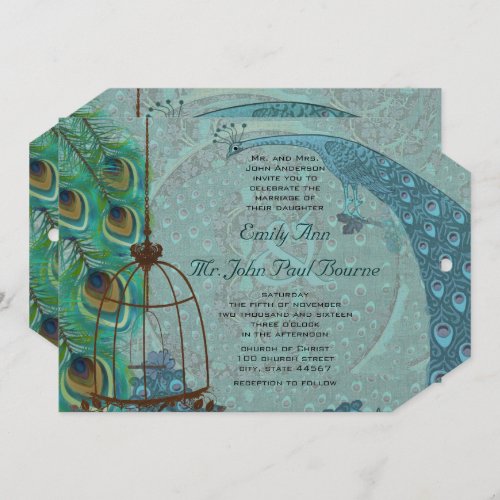 Vintage Peacock Bird Cage Feather Wedding Invite