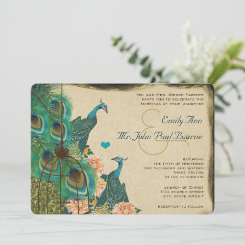 Vintage Peacock Bird Cage Feather Wedidng Invite