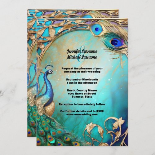 Vintage peacock bird feathers ornate art nouveau  invitation