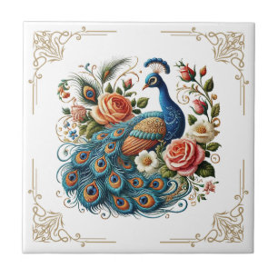 Vintage Peacock Bird Floral Art Ceramic Tiles