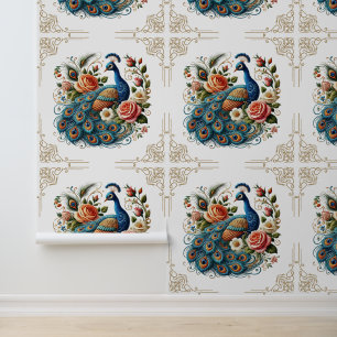 Vintage Peacock Bird Floral Art Peel and Stick Wallpaper