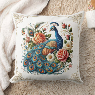 Vintage Peacock Bird Floral Art Throw Pillow