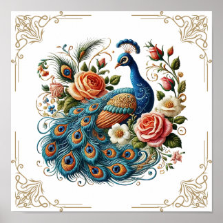 Vintage Peacock Bird Floral Poster