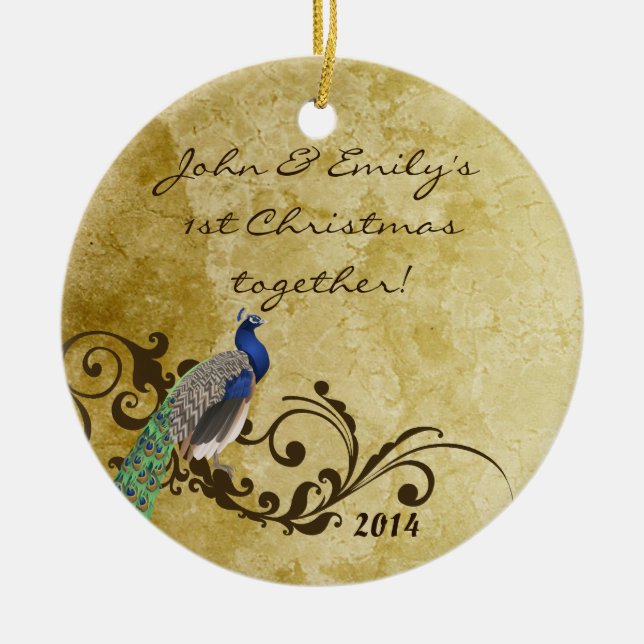 Vintage Peacock Bird Personalized Name Ornament (Front)