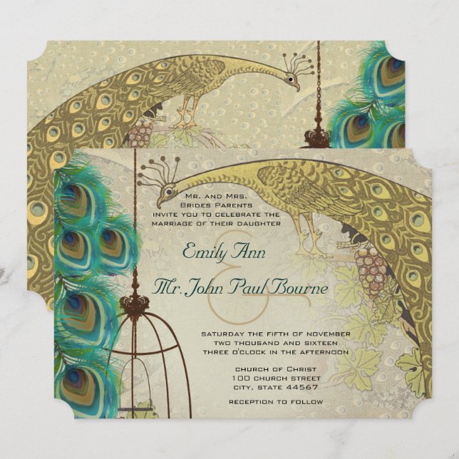 Vintage Peacock Birdcage Feather Wedding Invitation (Front/Back)
