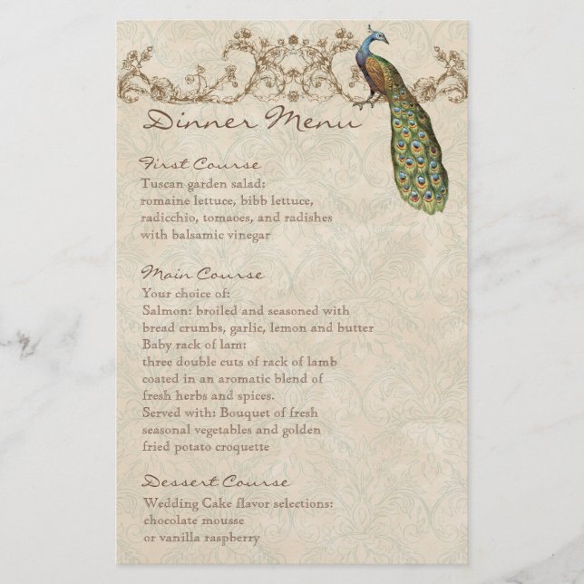 Vintage Peacock Black, Dinner Menu Sheet (Front)