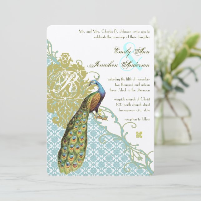 Vintage Peacock Blue and Green Damask Wedding Invitation (Standing Front)