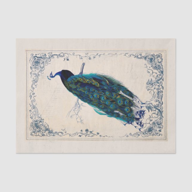 Vintage Peacock Blue Bird Frame Decoupage  Tissue Paper (Front)
