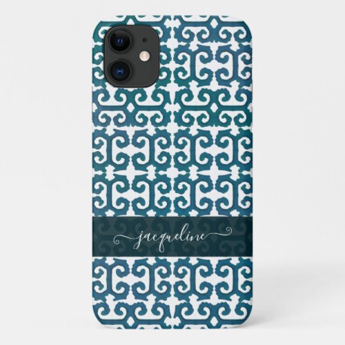 Vintage Peacock Blue Boho IKAT Tribal Pattern Name iPhone 11 Case