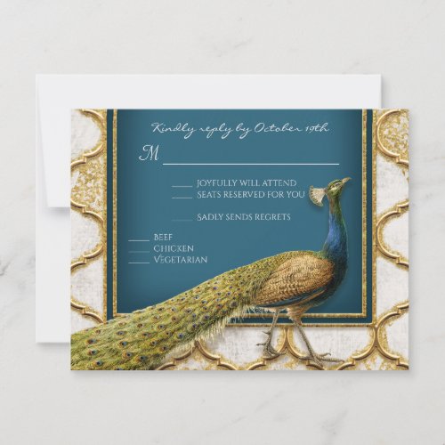 Vintage Peacock Blue n Gold Elegant RSVP response