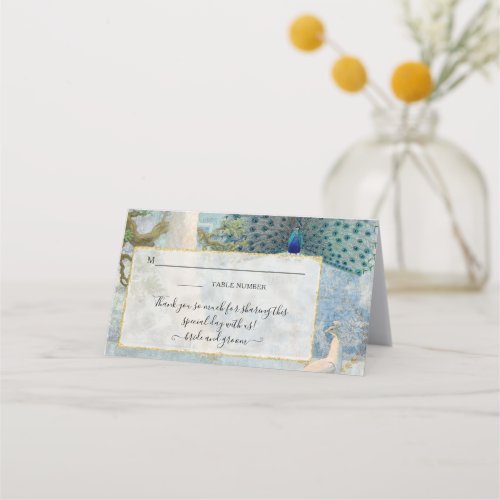 Vintage Peacock Blue White Elegant Gold Glitter Place Card