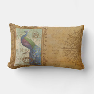 Vintage Peacock Brown Antique Paper Lumbar Pillow