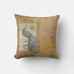 Vintage Peacock Brown Antique Paper OUTDOOR Pillow