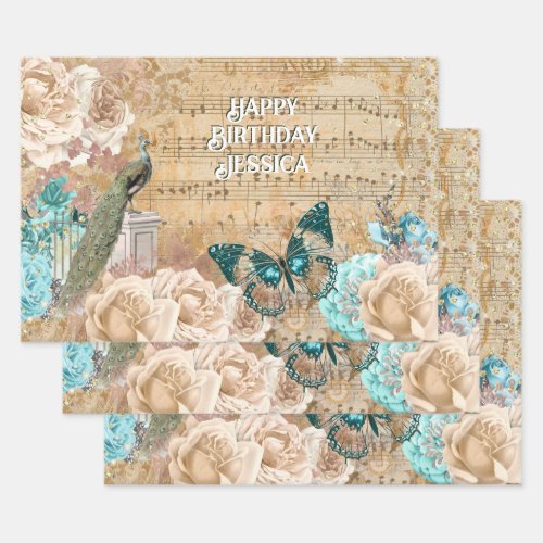 Vintage peacock butterfly ephemera lace rose  wrapping paper sheets
