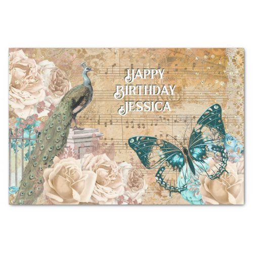 Vintage peacock butterfly lace ephemera rose chic tissue paper