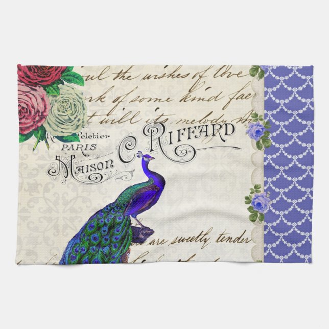 Vintage Peacock Collage Towel (Horizontal)