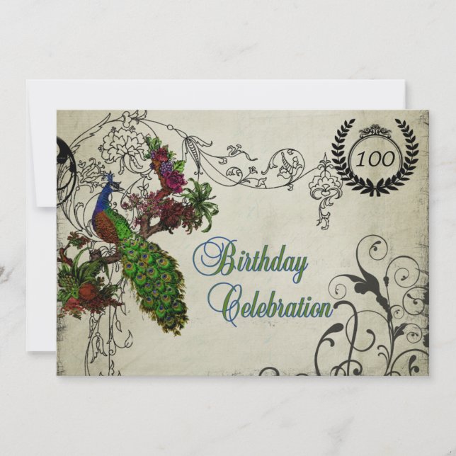 Vintage Peacock Customized 100th Birthday Invite (Front)