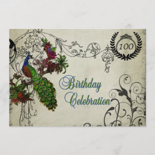 Vintage Peacock Customized 100th Birthday Invite