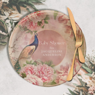 Vintage Peacock Elegant Pink Peony Baby Shower Pap Paper Plates