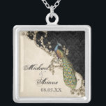 Vintage Peacock & Etchings Bride's Necklace<br><div class="desc">This elegant Vintage peacock, damask and etchings design is featured on a wide range of wedding products including invitations. This sterling silver keepsake necklace is perfect for a Bridal shower gift for the bride, for bridesmaids' gifts of jewelry to wear for the wedding. You can replace the bride and groom's...</div>